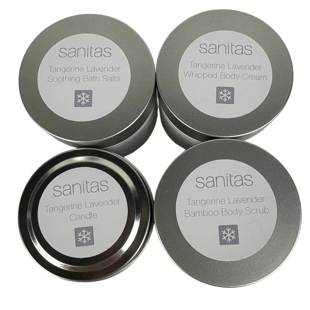 Sanitas Tangerine Lavender Spa Set Candle Bath Salts Body Scrub Cream NEW
